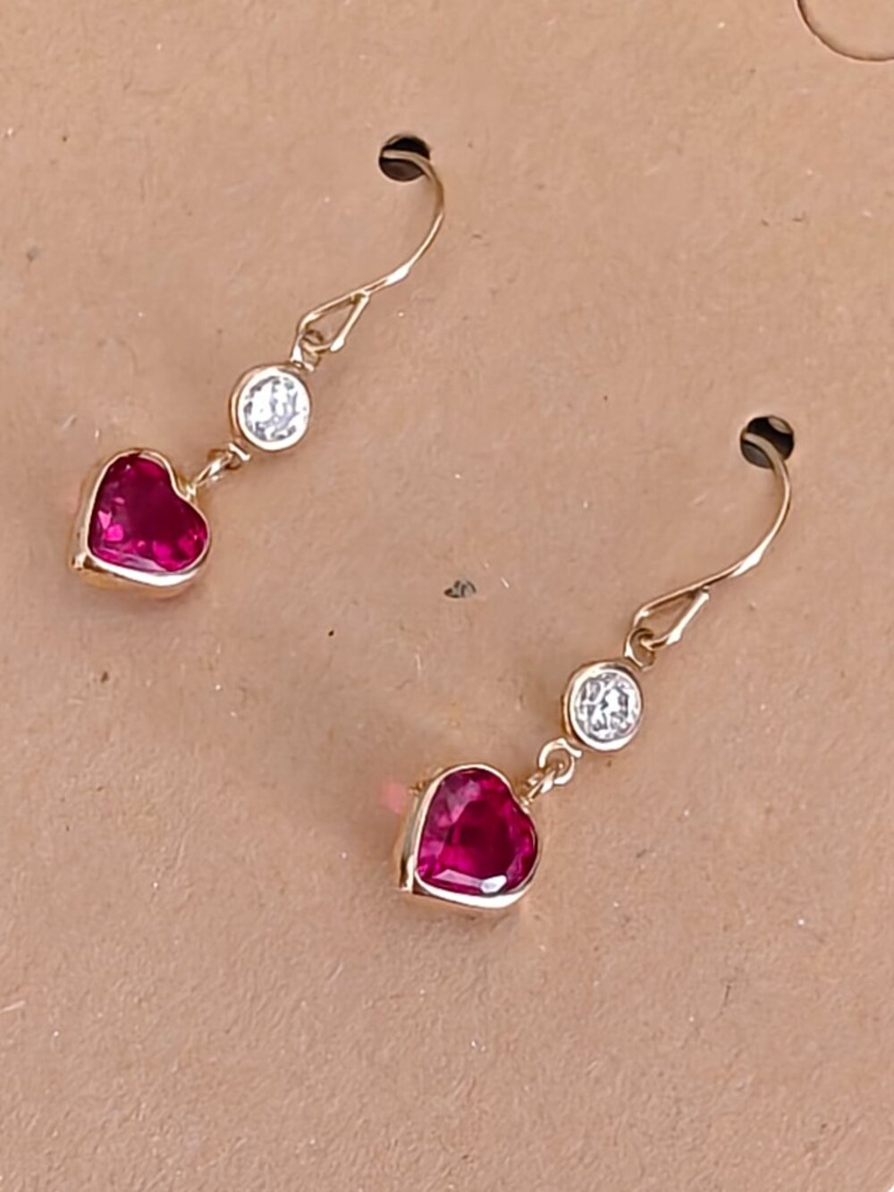 Ruby & Sparkly CZ Hearts 10k Yellow Gold Drop Hook Earrings Dainty Romantic